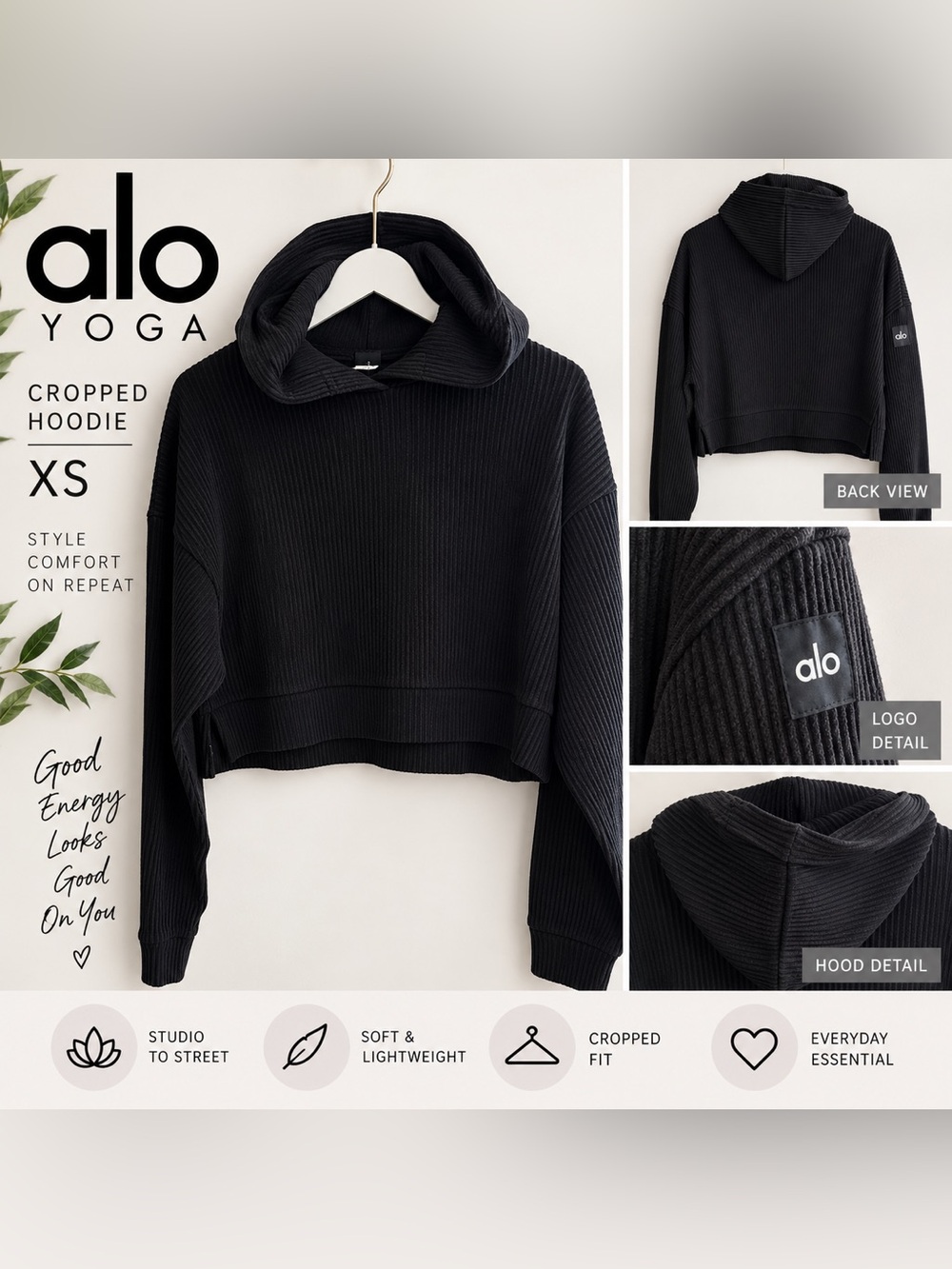 ALO Yoga Muse Hoodie Black Ribbed Cropped Pullover/Hoodie Size XS